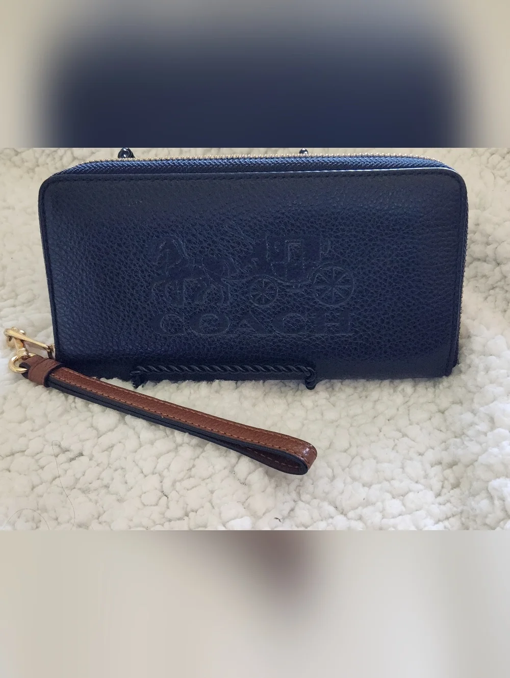 Coach Black Pebbled Leather Wallet/Wristlet with Brown Strap